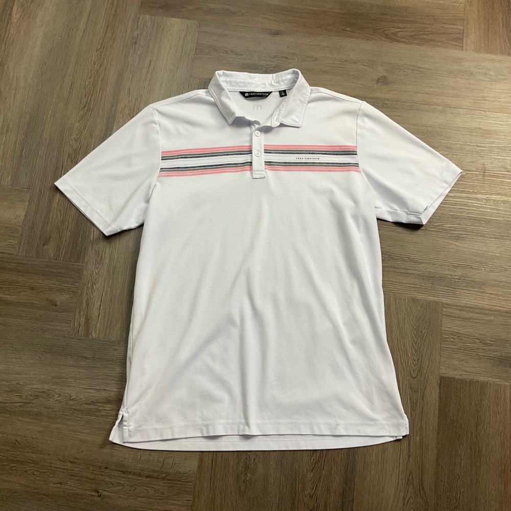 TravisMathew Striped Golf Tennis Polo Shirt Mens Large White Pink Gray Preppy